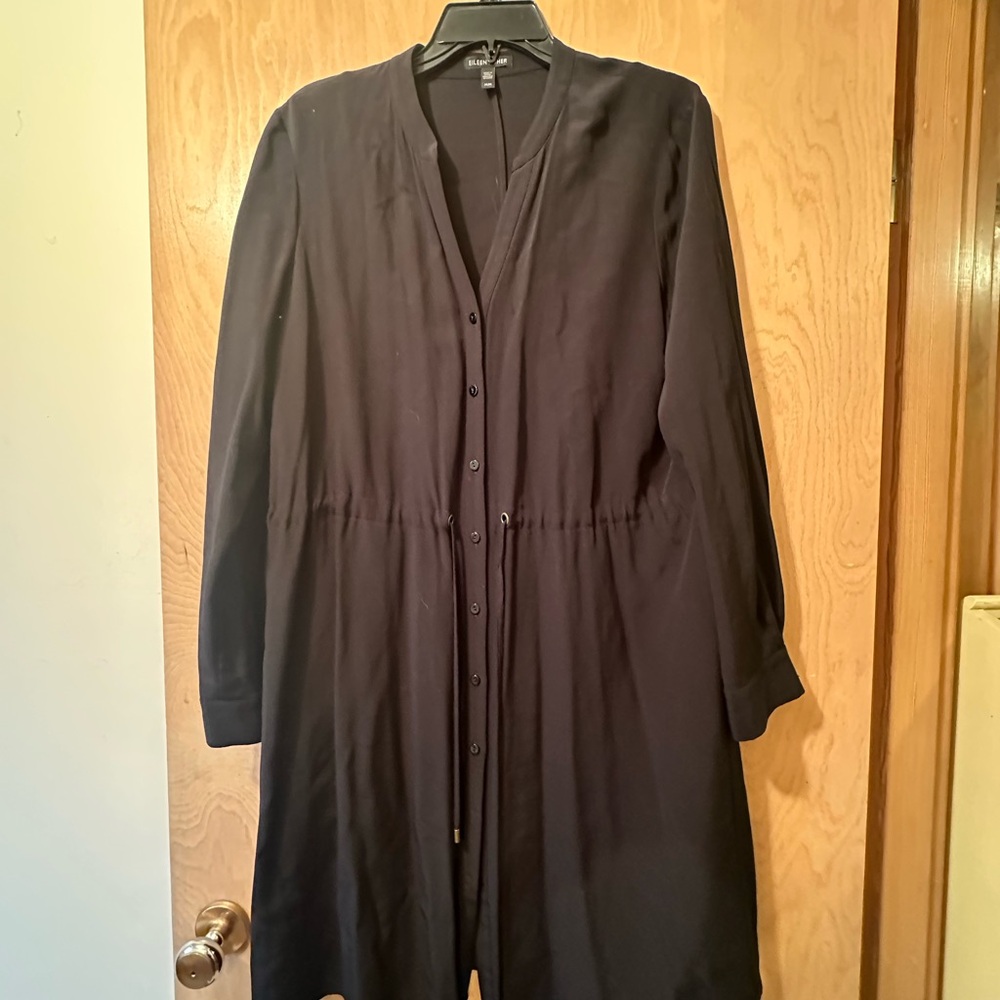 Eileen Fisher Black Long-Sleeve Button Front Drawstring Dress